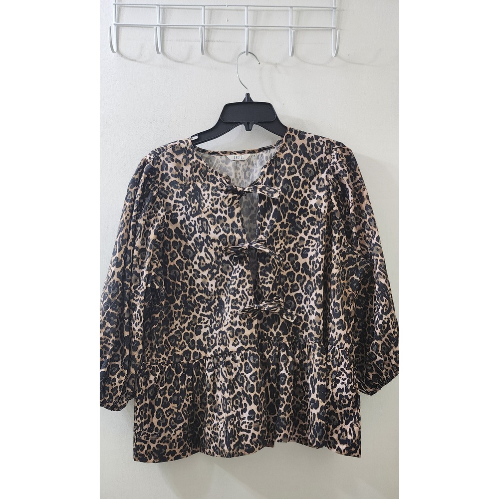 Kaktus Leopard Print Bow Front Peplum Blouse 1X Tan Black 3/4 Puff Sleeve Top